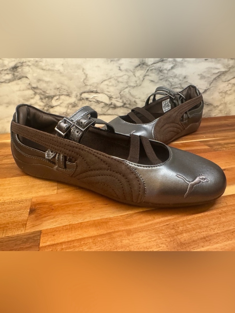 Puma Metallic Silver and Brown Mary Jane Flats